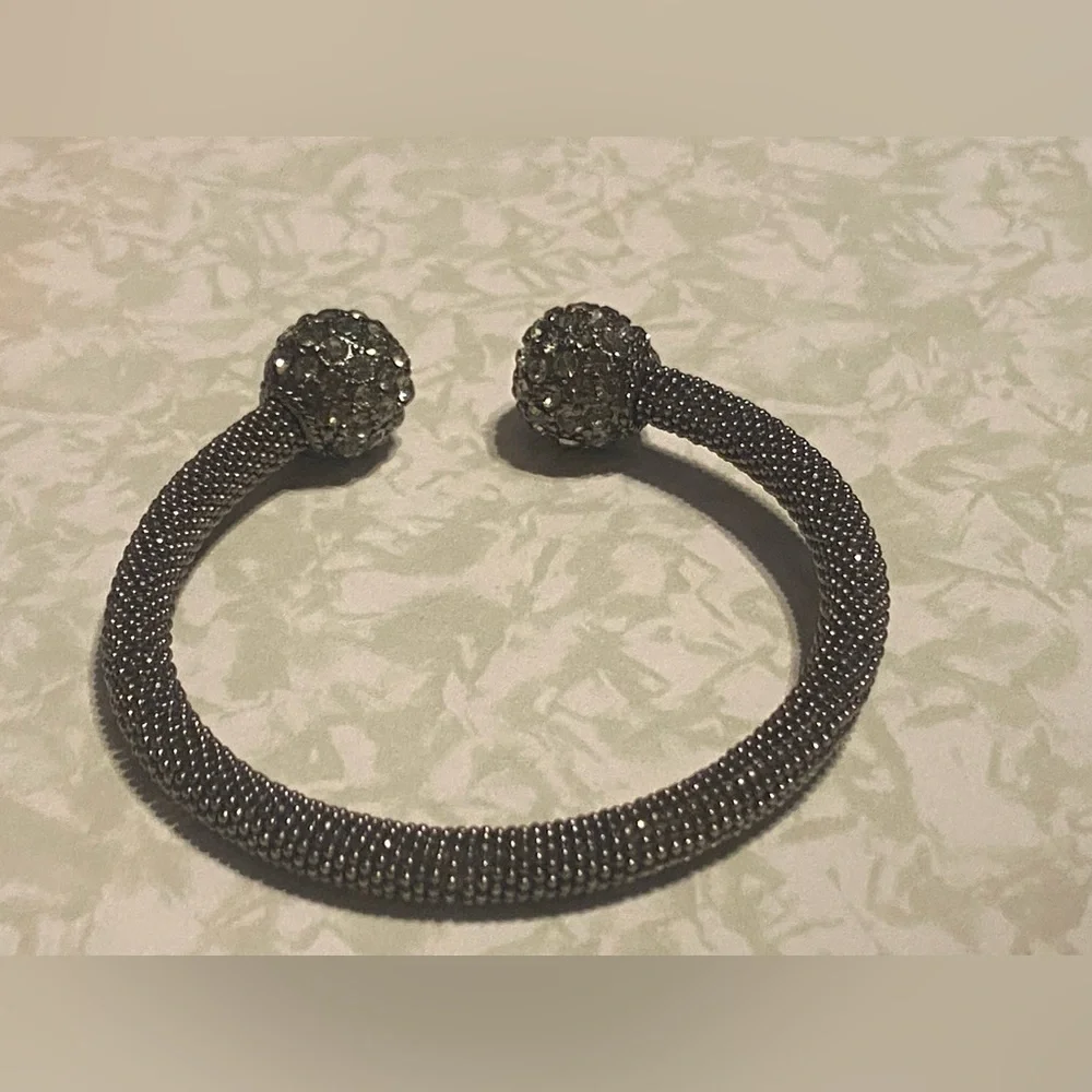 Silver Tone Mesh Rhinestone Flexible Cuff Bracelet #7690